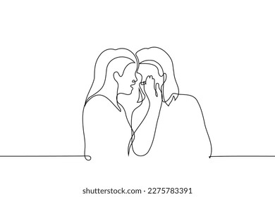 women whispering - one line drawing vector. the concept two girlfriends gossip