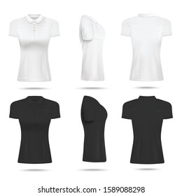 Women white and black blank polo shirt realistic vector mockups set illustration isolated on transparent background. Classic T-shirt with collar template for branding.