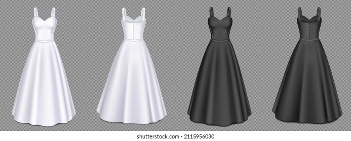 Women white and black dresses with corset and maxi skirt in front and back view. Vector realistic 3d mockup of blank girls evening gown with sweetheart neckline isolated on transparent background