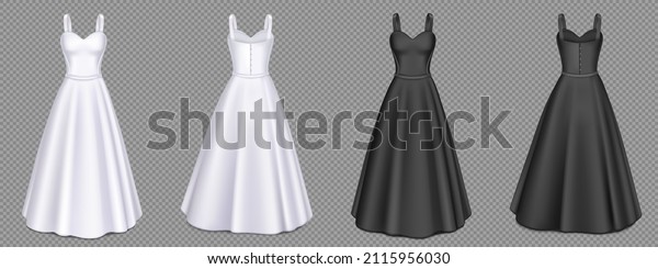 Women white and black dresses with corset and\
maxi skirt in front and back view. Vector realistic 3d mockup of\
blank girls evening gown with sweetheart neckline isolated on\
transparent background