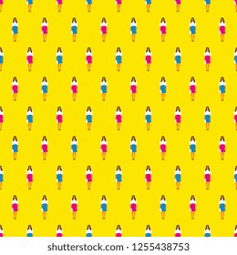 women in a white blouse and blue and pink skirts seamless pattern on yellow background. flat vector illustration easy to edit and customize. eps 10