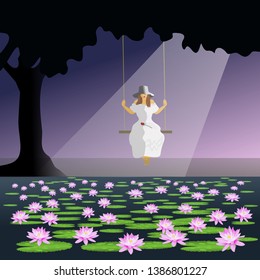 
Women in white dress Sit on the swings under the black tree. There is a pink lotus in the front pool. With white light as background,The atmosphere of mystery
