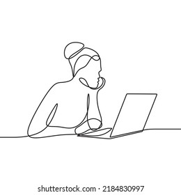 women white laptop continuous drawing single line art
