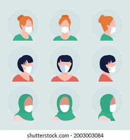 Women with white masks semi flat color vector character avatar set. Portrait with respirator from front and side view. Isolated modern cartoon style illustration for graphic design and animation pack