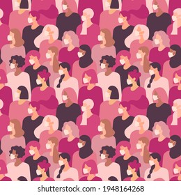 Women in white medical face mask seamless pattern. Female profile diverse faces of different ethnicity. Concept of coronavirus quarantine vector illustration.