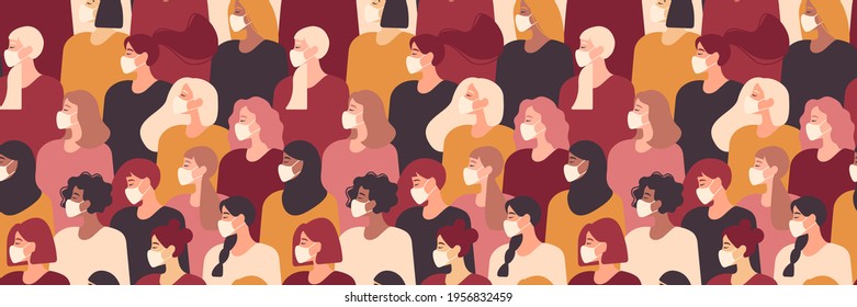 Women in white medical face mask seamless pattern, banner. Female profile diverse faces of different ethnicity. Concept of coronavirus quarantine vector illustration.