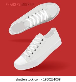 Women White Sneakers Low Top, Tennis Shoes, Casual Walking Shoes. Mock Up. Ready For Print, Web. Realistic Vector Illustration.Top, Side View