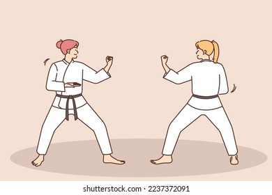 Women in white uniform practice judo fighting. Females engaged in martial arts training. Sport and hobby concept. Vector illustration. 