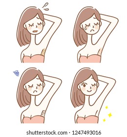 Women who care about armpit. It is a hand-drawn illustration.