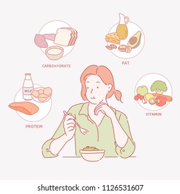 Women who eat salads and various nutritious foods icon. hand drawn style vector design illustrations.