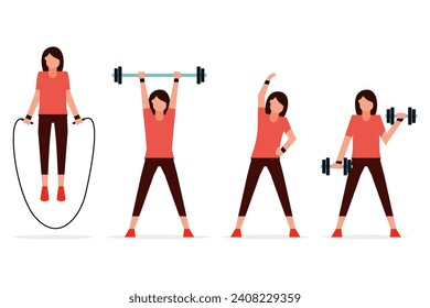 Women who are exercising to stay healthy. Physical training. Exercise equipment. stretching, jumping rope, weight lifting, and sports. Vector illustration flat design style