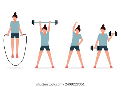 Women who are exercising to stay healthy. Physical training. Exercise equipment. stretching, jumping rope, weight lifting, and sports. Vector illustration flat design style