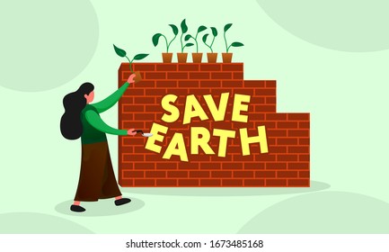 women who are growing plants on wall for the preservation of nature and the earth. Save planet, go green, less waste, no plastic, conceptual. flat design, vector illustration.