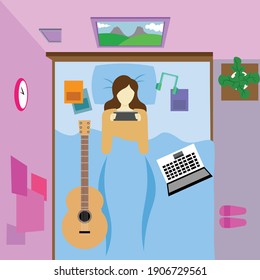 A women who lays in her unorganized bed