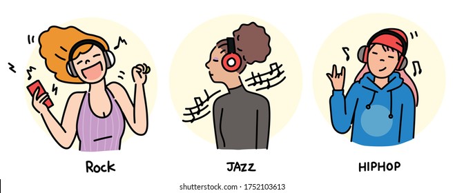 Women who are listening to various genres of music. hand drawn style vector design illustrations. 