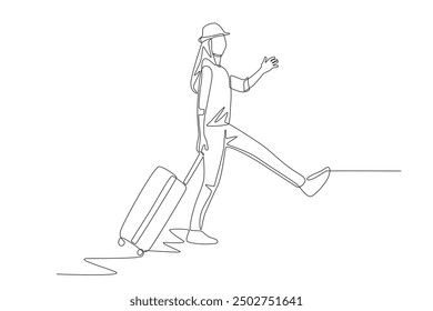 Women who say hello when they go on holiday. Holiday travel concept one-line drawing