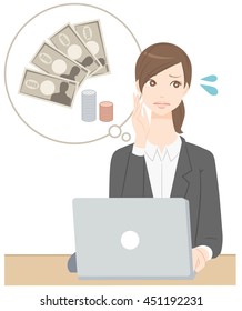 Women who is using a computer and thinking about money