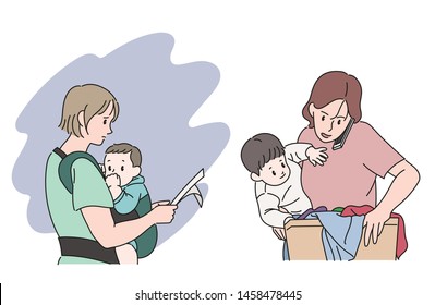 Women who work and care for their children. Multitasking mom. hand drawn style vector design illustrations.