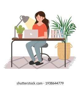 Women who work from home. Laptops, flower pots, and books are placed on the desk.