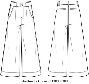 Women Wide Leg Denim, Flared denim, Jeans Front and Back View fashion illustration vector, CAD, technical drawing, flat drawing.