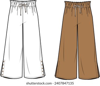 women wide leg elastic waist drawstring pant flat sketch vector illustration