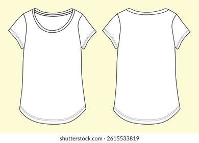 Women wide neck opening short sleeve t-shirt technical drawing fashion flat sketch vector illustration template front and back views outline CAD mockup