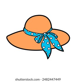 Women wide-brimmed hat with blue bow. Vector   illustration isolated on white background. 