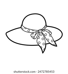 Women wide-brimmed hat with bow.  Vector outline icon isolated on white background. Design elements or page of children's coloring book	
