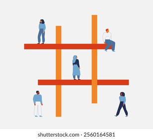 Women win in tic tac toe againt men. Females rights and roles in business. Representation and leadership positions, Empowerment and visibility for girls in society. Vector illustration