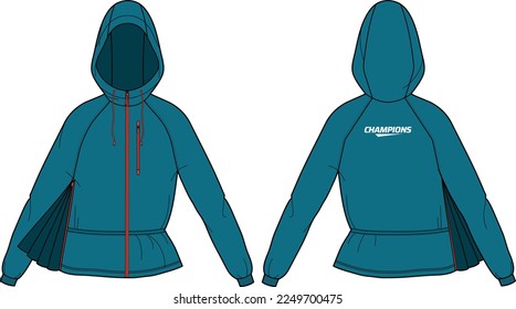 Women Windcheater Hoodie jacket design flat sketch Illustration, Hooded windbreaker utility jacket with front and back view, winter jacket for girls and women. Outerwear for winter warm up top.