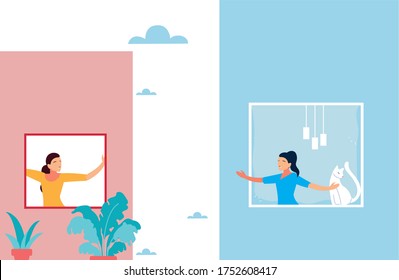 women at the window doing dance exercises at home vector illustration design