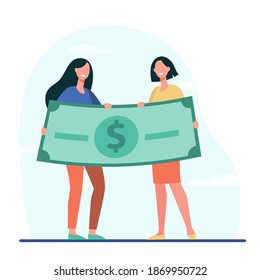 Women winning money prize. Happy girls holding huge dollar banknote flat vector illustration. Lottery, success, luck, concept for banner, website design or landing web page