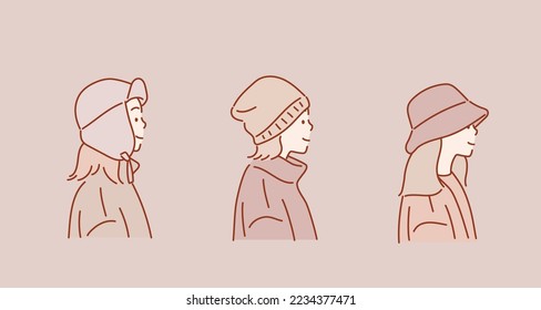 women in winter hats. Hand drawn style vector design illustrations.