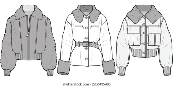 Women Winter Jackets Sets Fashion Illustration, Vector, CAD, Technical Drawing, Flat Drawing, Template, Mockup.