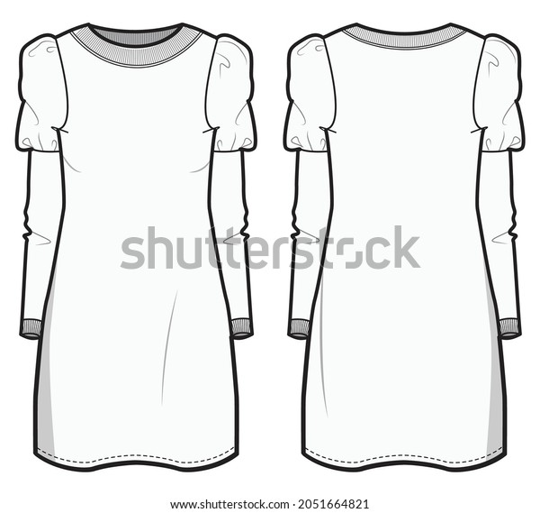 Women Winter Knitted Dress, Leg-of-mutton\
Sleeve Bodycon Dress Front and Back View. fashion illustration\
vector, CAD, technical drawing, flat\
drawing.