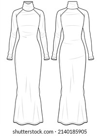 Women Winter Long Dress, High Neck Raglan Long Sleeve Knit Maxi Dress, Turtleneck Long Sleeve Knit Long Dress Front and Back View fashion illustration, Vector, CAD, technical drawing, flat drawing.