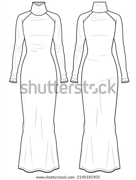 Women Winter Long Dress, High Neck Raglan Long
Sleeve Knit Maxi Dress, Turtleneck Long Sleeve Knit Long Dress
Front and Back View fashion illustration, Vector, CAD, technical
drawing, flat drawing.