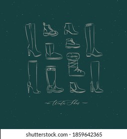 Women winter shoes different types set drawing in vintage style on green background