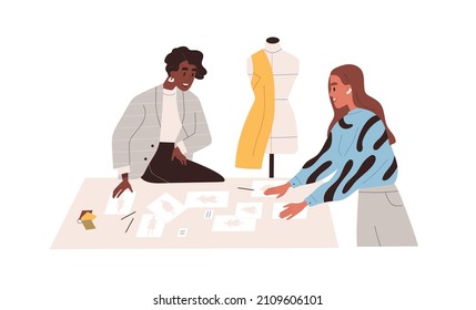 Women work at clothes design creation. Fashion designers creating garments, looking apparel drafts in studio. Creators preparing new collection. Flat vector illustration isolated on white background