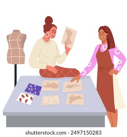 Women work at clothes design creation. Creators preparing new collection. Flat vector illustration hand drawn.