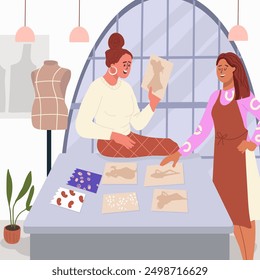 Women work at clothes design creation. Creators preparing new collection. Пространство мастерской. Flat vector illustration hand drawn.