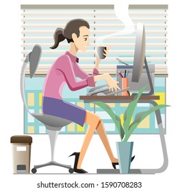 women work at office and enjoying coffee. vector and illustration
