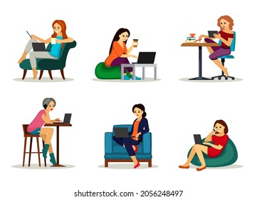 Women work in office and at home set. Freelance girls carry out work projects speaks phone an ottoman sits armchair with coffee and pen works during extra hours in office. Vector cartoon workplace.