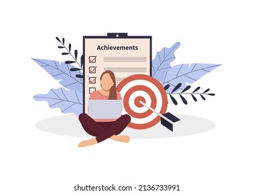 Women work online. Achievements and goals, and self-discipline concept illustration. Vector illustration