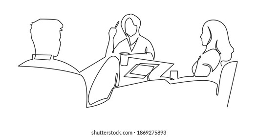 Women work together for business lunch vector art. Business team meeting continuous line drawing. Friends in cafe contour vector illustration. Girls talk to each other and have a good time