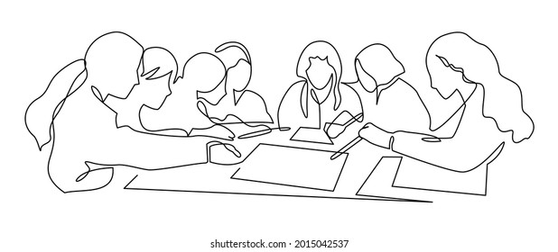 Women work together for business lunch vector art. Business team meeting continuous line drawing. Friends in cafe contour vector illustration. Girls talk