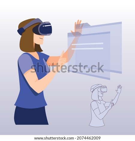 Women work in virtual reality glasses, n a futuristic technology background. Augmented reality, game, Metaverse, a Virtual World concept. VR.