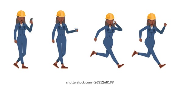 Women worker wearing blue jumpsuit character vector illustration design set. Female ltalk on phone walking and running.