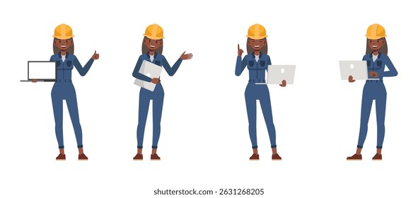 Trabalhadoras vestindo macacão azul trabalhando e segurando conjunto de design de ilustração de vetor de personagem de laptop.