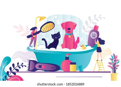 Women workers bathe, wash and clean pets. Professional groomer with brush and shampoo bottle. Various accessories for animal hair care. Pet grooming service, concept banner. Flat vector illustration